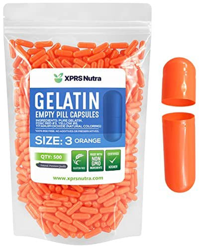 XPRS Nutra Size 3 Empty Capsules - 500 Count Empty Gelatin Capsules - Pills DIY Capsule Filling - Pure Bovine Pill Gel Caps for Do-It-Yourself Supplements (Orange)