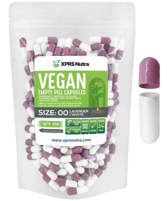 XPRS Nutra Size 00 Empty Capsules - 100 Count Empty Vegan Capsules - Vegetarian Empty Pills - DIY Vegetable Capsule Filling- Veggie Pill Caps (Lavender/White)