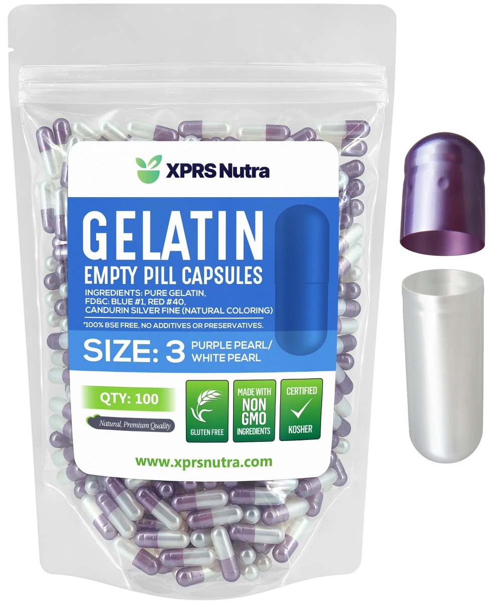 XPRS Nutra Size 3 Empty Capsules - 100 Count Empty Gelatin Capsules - Pills DIY Capsule Filling - Pure Bovine Pill Gel Caps for Do-It-Yourself Supplements (Pearl Purple/White) - görsel 1