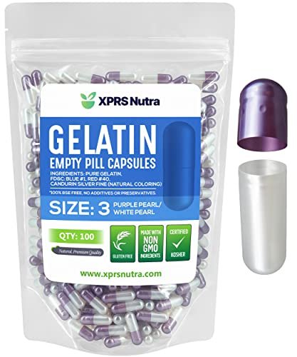 XPRS Nutra Size 3 Empty Capsules - 100 Count Empty Gelatin Capsules - Pills DIY Capsule Filling - Pure Bovine Pill Gel Caps for Do-It-Yourself Supplements (Pearl Purple/White) - görsel 2