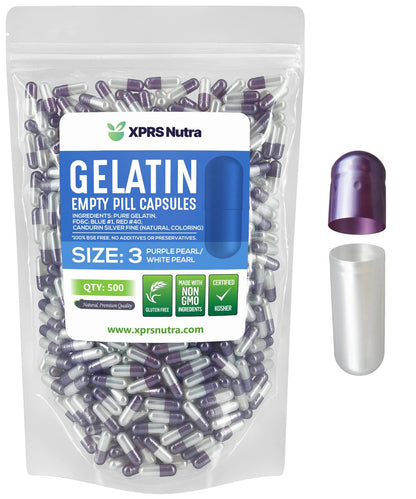 XPRS Nutra Size 3 Empty Capsules - 500 Count Empty Gelatin Capsules - Pills DIY Capsule Filling - Pure Bovine Pill Gel Caps Fillable Do-It-Yourself Vitamins and Supplements (Pearl Purple/White)