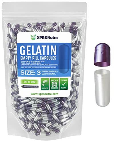 XPRS Nutra Size 3 Empty Capsules - 500 Count Empty Gelatin Capsules - Pills DIY Capsule Filling - Pure Bovine Pill Gel Caps Fillable Do-It-Yourself Vitamins and Supplements (Pearl Purple/White)