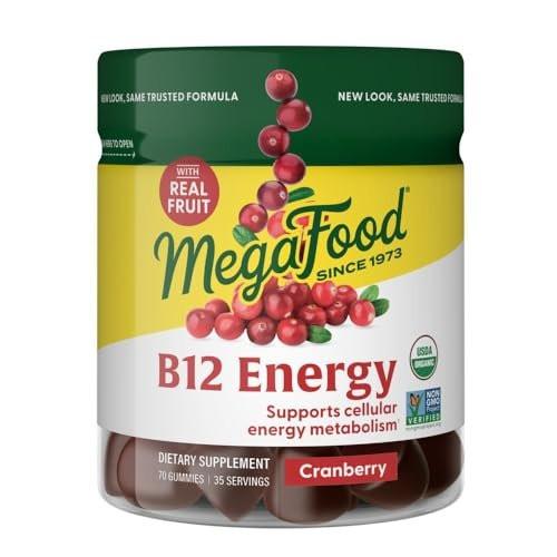 MegaFood Vitamin B12 Energy Gummies - Vegan - With Methyl B12 Vitamins to Support Cellular Energy Production - Cranberry - Daily Vitamin B12 Supplement - USDA Organic - 70 Gummies, 35 Servings - görsel 1