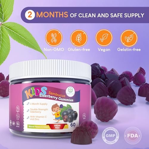 Sugar-Free Kids Elderberry Gummies with Vitamin C & Zinc – Daily Immune Support Supplement for Children, Sambucus Antioxidant, Vegan, 60 Ct - görsel 5