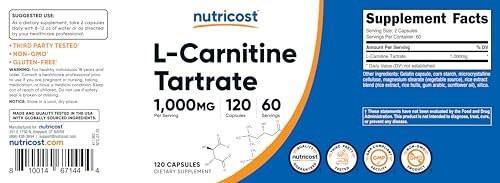 Nutricost L-Carnitine Tartrate 1000mg, 120 Capsules - 500mg Per Capsule (60 Servings) - görsel 4