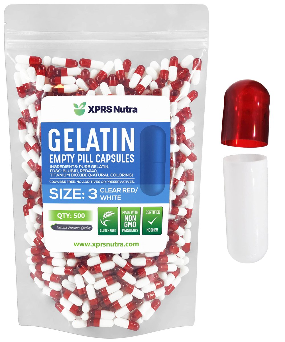 XPRS Nutra Size 3 Empty Capsules - 500 Count Empty Gelatin Capsules - Pills for DIY Capsule Filling - Pure Bovine Pill Gel Caps Fillable for Do-It-Yourself Vitamins and Supplements (Clear Red/White) - görsel 1