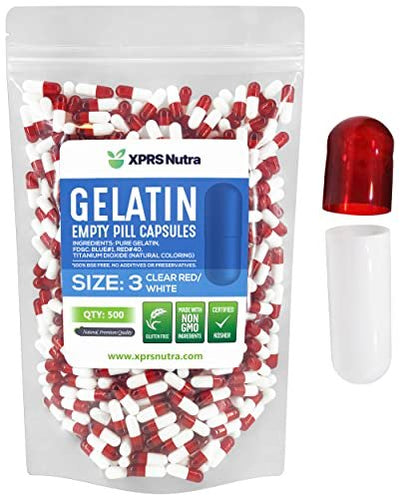 XPRS Nutra Size 3 Empty Capsules - 500 Count Empty Gelatin Capsules - Pills for DIY Capsule Filling - Pure Bovine Pill Gel Caps Fillable for Do-It-Yourself Vitamins and Supplements (Clear Red/White)