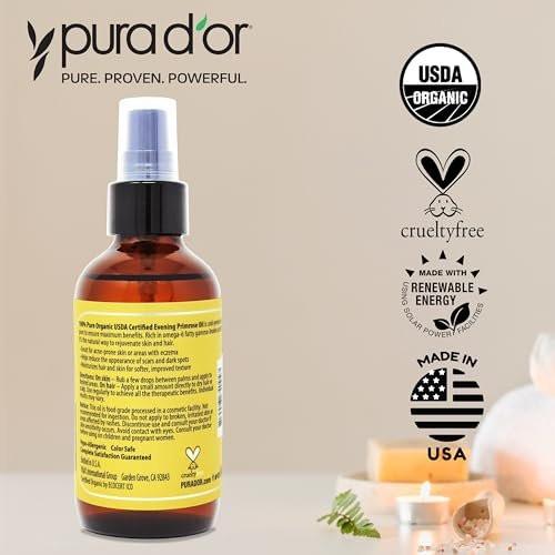 PURA D'OR Organic Evening Primrose Oil (4oz) 100% Pure Cold Pressed w/Natural Essential Fatty Acids & Antioxidant Rich - Moisturizes, Rejuvenates, Renews & Restores - Skin, Hair & Face - görsel 4