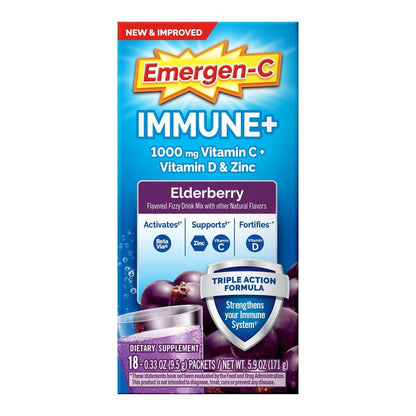 Emergen-C Immune+ Triple Action Immune Support Powder, BetaVia (R), 1000mg Vitamin C, B Vitamins, Vitamin D and Antioxidants, Elderberry – 18 Count