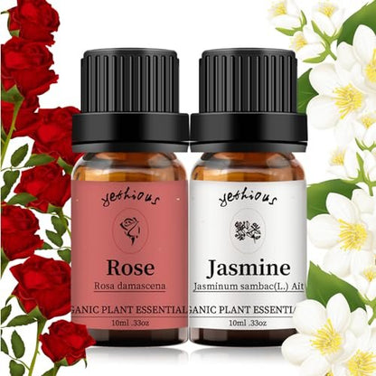yethious Rose Essential Oil & Jasmine Essential Oil Set for Diffuser, Hair, Skin, Body, Face, Perfume, Soap, Candle Making - 2 x 10ml