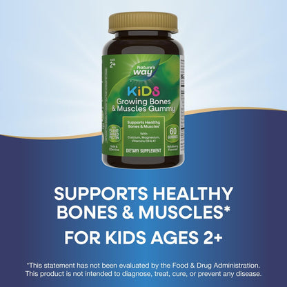Nature's Way Kids Growing Bones & Muscles Gummy, Supports Healthy Bones & Muscles*, Calcium, Magnesium, Vitamins D3 & K1, Ages 2+, Wildberry, 60 Gummies