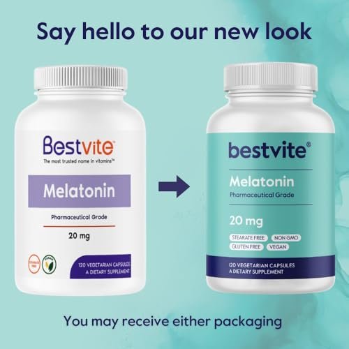 BESTVITE Melatonin 20 mg - 120 Veg Caps - No Stearates - No Sucralose, No Dextrose, No Silicon Dioxide, No Mannitol - Vegan - Non-GMO - Gluten-Free - görsel 1