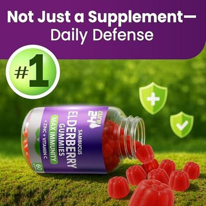 Cure24 Sambucus Elderberry Gummies + Vitamin C + Zinc for Kids & Adults, X3 Immune Support, Natural Flavors + Ingredients, Vegan, Non-GMO, Made in USA (60 Count)