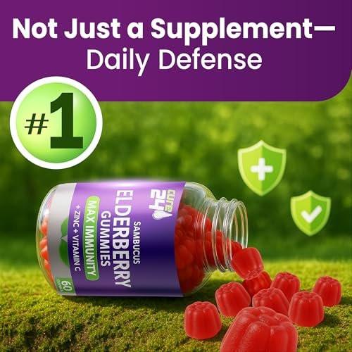 Cure24 Sambucus Elderberry Gummies + Vitamin C + Zinc for Kids & Adults, X3 Immune Support, Natural Flavors + Ingredients, Vegan, Non-GMO, Made in USA (60 Count) - görsel 7