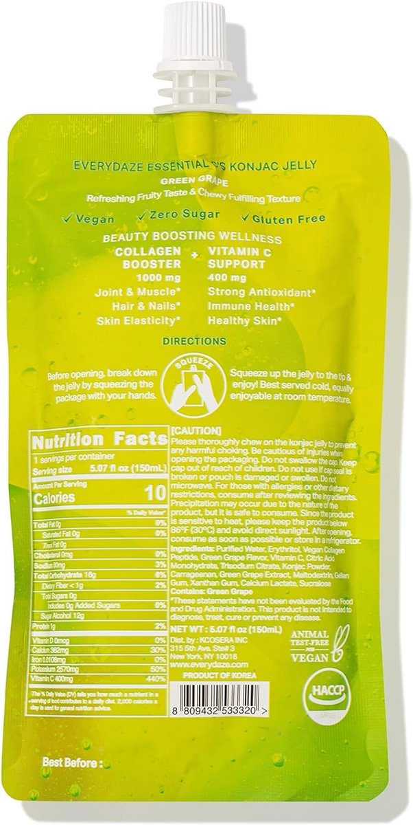 EVERYDAZE Essential C’s Konjac Jelly | Green Grape | Plant-Based Collagen Booster | Gluten Free, Sugar Free, Low Calorie | Healthy Drinkable Fruit Snack | 10 Pack Box Food Drink Pouch - görsel 9
