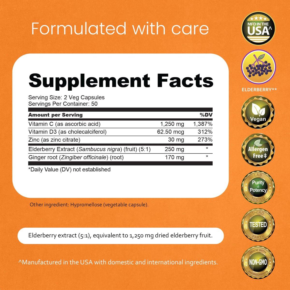 NaturaLife Labs Vitamin C with Vitamin D3, Zinc, Elderberry & Ginger Root – 1,700 mg per Serving – 100 Capsules, Vegan, Non-GMO, Gluten Free - görsel 3