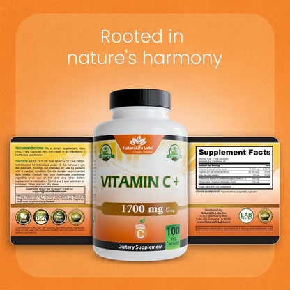 NaturaLife Labs Vitamin C with Vitamin D3, Zinc, Elderberry & Ginger Root – 1,700 mg per Serving – 100 Capsules, Vegan, Non-GMO, Gluten Free