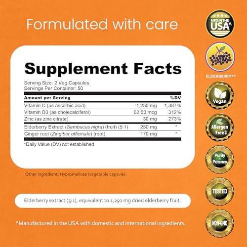 NaturaLife Labs Vitamin C with Vitamin D3, Zinc, Elderberry & Ginger Root – 1,700 mg per Serving – 100 Capsules, Vegan, Non-GMO, Gluten Free - görsel 4