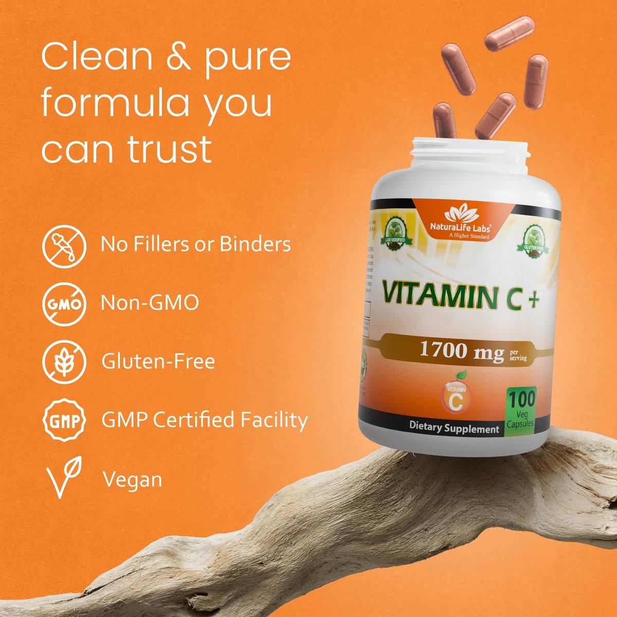 NaturaLife Labs Vitamin C with Vitamin D3, Zinc, Elderberry & Ginger Root – 1,700 mg per Serving – 100 Capsules, Vegan, Non-GMO, Gluten Free - görsel 11