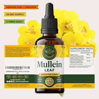 HERBAMAMA Mullein Drops for Lungs - Vegan Lung Cleanse with Mullein Leaf Extract, Echinacea Tincture & Licorice - Non-GMO, Alcohol & Sugar-Free Respiratory Support Supplement - 28-Day Supply