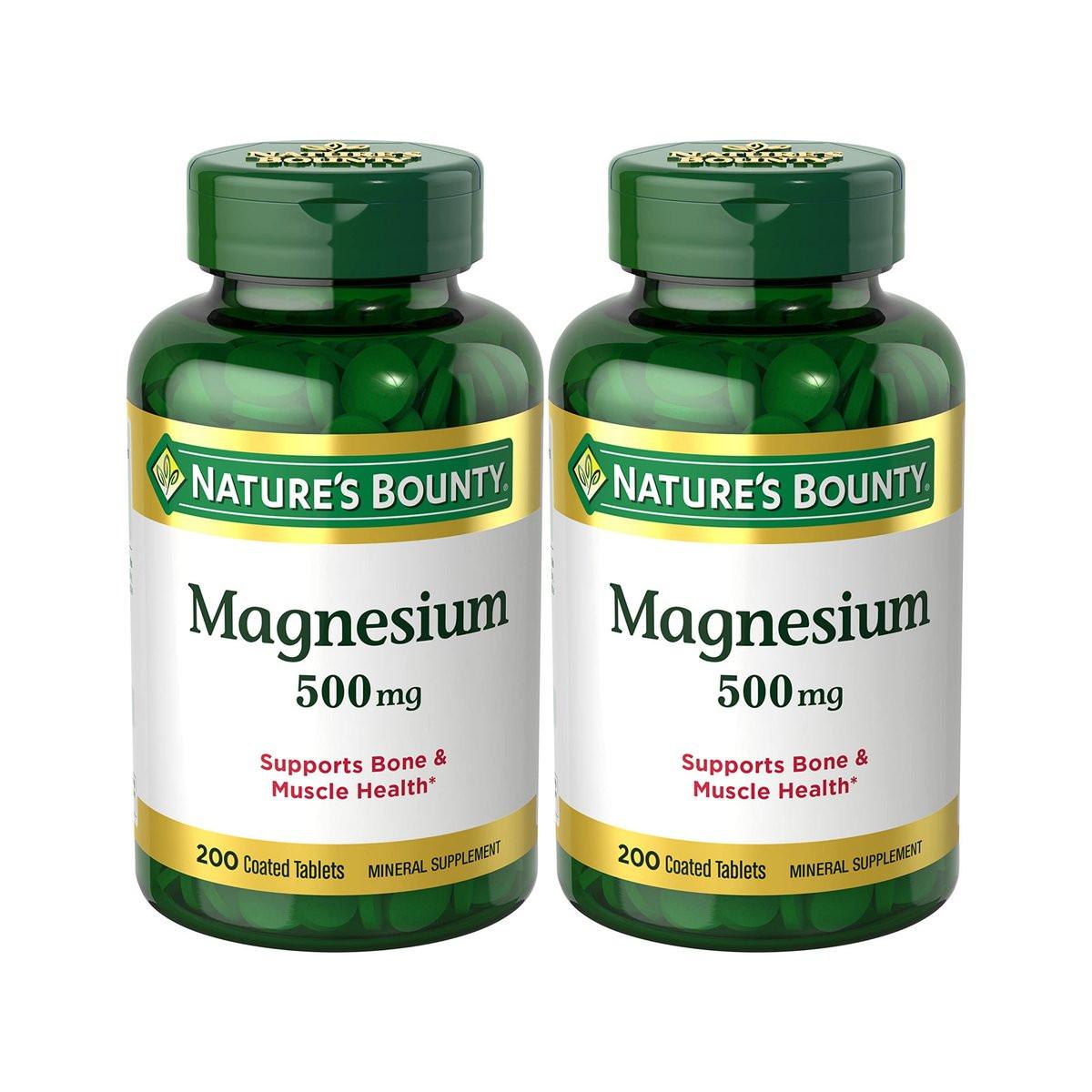 Nature's Bounty Magnesium Supplements 500mg Tablets, Support Bone & Muscle Health, 200 Count (Pack of 2) - görsel 1