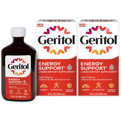 Geritol Liquid Vitamin and Iron Supplement, Energy Support Vitamins, Contains High Potency B-Vitamins and Iron, Easy to Swallow, No Artificial Sweeteners, Non-GMO, 12 Oz (Pack of 2)