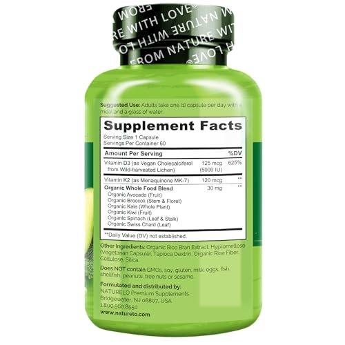 NATURELO Vitamin D3 K2 - Vegan with Plant Based D3 from Lichen - Natural Supplement for Immune System, Bone Support, Heart Health - Whole Food - Non-GMO - Gluten Free, 60 Capsules - görsel 1