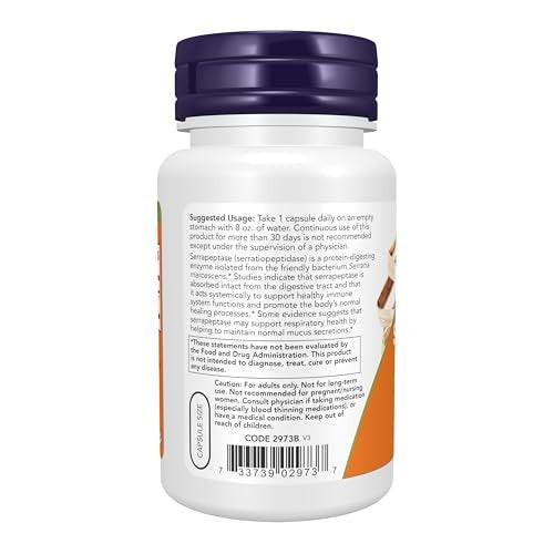NOW Foods Supplements, Serrapeptase 60,000 Units of Activity, Promotes Respiratory Health and Immune Function*, 60 Veg Capsules - görsel 1