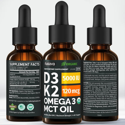 (2 Pack) Organic Vitamin D3 K2 Drops with MCT Oil & Omega 3 - Liquid Vitamin D3 5000 IU - K2 D3 Vitamin Supplement - Vitamin D Drops for Women & Men - No Fillers, Non-GMO, GMP, Strawberry (2 Fl Oz)