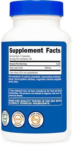 Nutricost Alpha Lipoic Acid 600mg Per Serving 120 Capsules, 60 Servings - Plant Based Caps, Non-GMO