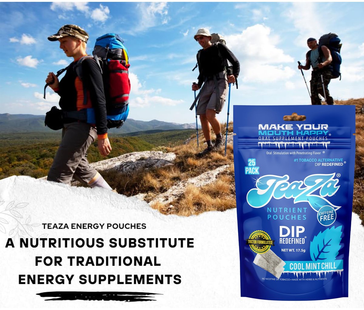 TeaZa Herbal Energy Pouches Nicotine Free Dip, Alternative Snuff and Healthy Dip Pouches, Cool Mint Chill (2 Pack) Tobacco Free Chew Premium Crisp Minty Flavor - görsel 12