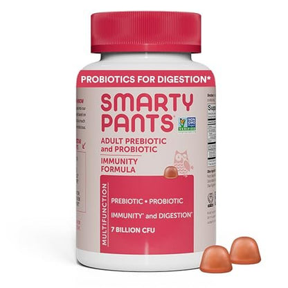 SmartyPants Adult Probiotic & Prebiotic Gummies for Digestive Health: Gut Health Supplement, Clinically Studied Prebiotic for Immune Support, Strawberry, 60 Count (30 Day Supply)