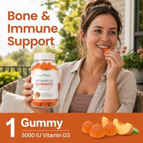 Sugar Free Vitamin D3 K2 Gummies 5000 IU + K2 MK7 80 mcg – Vitamin D Gummies for Adults with Prebiotics & Fiber – Supports Bones, Immune Health, Heart Health & Mood – Gluten Free, Natural Peach Flavor - görsel 14