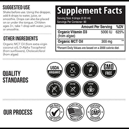 Plant-D3 Organic Vitamin D3 5000 IU - Vegan, Max Strength Sublingual Liquid D3 Drops - 200% Higher Absorption - 100% Plant-Based Cholecalciferol Form - Adjustable Dosing for All Ages (1oz Liquid)