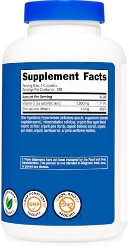Nutricost Vitamin C with Zinc Capsules, 120 Servings - 1000mg, 45mg Zinc, Non-GMO, Gluten Free Vitamin C Supplement