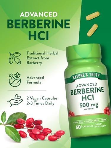Nature's Truth Berberine HCl 500mg | 60 Capsules | from Barberry Extract | Vegan, Non-GMO, and Gluten Free Supplement
