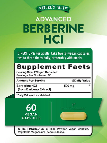 Nature's Truth Berberine HCl 500mg | 60 Capsules | from Barberry Extract | Vegan, Non-GMO, and Gluten Free Supplement