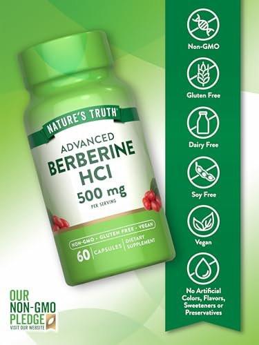 Nature's Truth Berberine HCl 500mg | 60 Capsules | from Barberry Extract | Vegan, Non-GMO, and Gluten Free Supplement