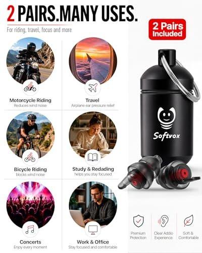 Motorcycle Ear Plugs for Wind Noise Reduction – 2 Pairs Reusable Silicone Earplugs, 25dB Noise Reduction, Comfortable Hearing Protection for Motorbike, Touring, Racing, Riding – Biker Gifts