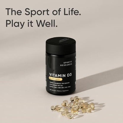 Sports Research® Vitamin D3 10,000iu (250mcg) with Coconut MCT Oil - Max Strength Vitamin D Supplement - Gluten Free · Non-GMO · Soy Free - 120 Count Softgels