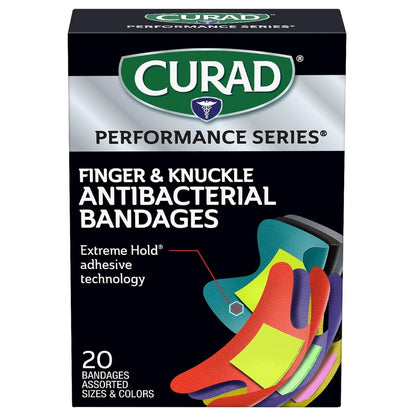 Curad Performance Series Fingertip and Knuckle Antibacterial Bandages, Extreme Hold Adhesive Technology, Fabric Bandages, 20 Count