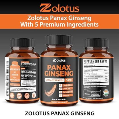 Zolotus Korean Red Panax Ginseng + Ginkgo Biloba, Ashwagandha, Beetroot, Green Tea - 120 Capsules for 2 Month Supply