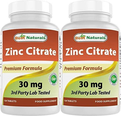 Best Naturals Zinc 30mg Supplements (as Zinc Citrate) - Zinc Vitamins for Adults Immune Support - 120 Tablets (120 Count (Pack of 2))