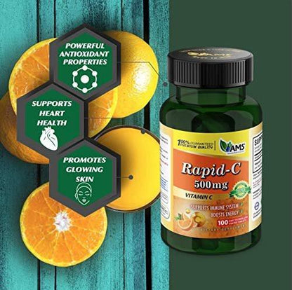 America Medic & Science Rapid-C 500mg Vitamin C Supplement (2 Pack of 100 Tablets) - Energy Booster, Daily Immune System Support, Antioxidant | Vegan, Non-GMO Coated Ascorbic Acid for Adult Men & Women