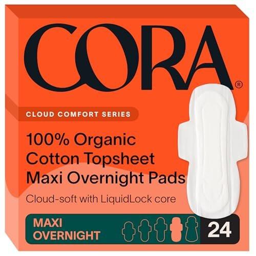 Cora 100% Organic Cotton Topsheet Pads Maxi Overnight Pads (24 Count) - görsel 4