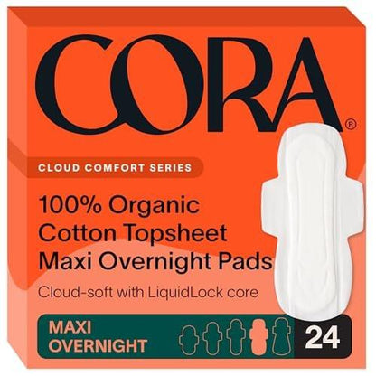 Cora 100% Organic Cotton Topsheet Pads Maxi Overnight Pads (24 Count)