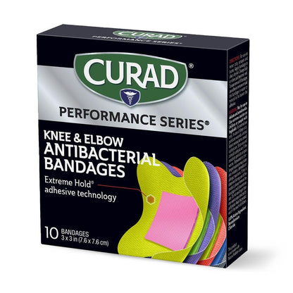 CURAD Performance Series Antibacterial Bandages, Elbows and Knees, 3" x 3", 30 Count