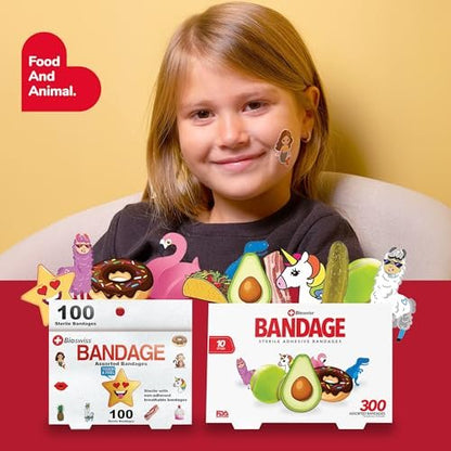 BioSwiss Bandages, Assorted Animal, Fun, and Food Shaped Self Adhesive Bandage Set, Latex Free, Sterile Wound Care, 100 Count
