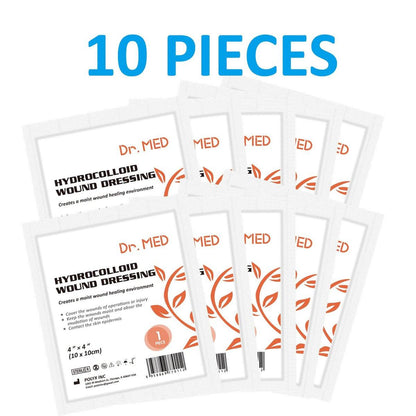 Dr. Med Hydrocolloid Wound Dressing 4"x4"-10 Pack/Box, Waterproof Adhesive Bordered Bandage, for Light Exudate, Abrasions, Pressure Ulcer, Bed Sore, Superficial Wound Care