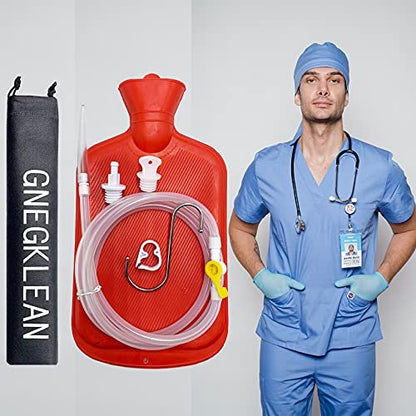 GNEGKLEAN Coffee Enema Bag Kit - 5.0ft Silicone Hose 2L Enemas at Home Water & Colon Detox Cleanse Kit (Red, 6 Piece Set)